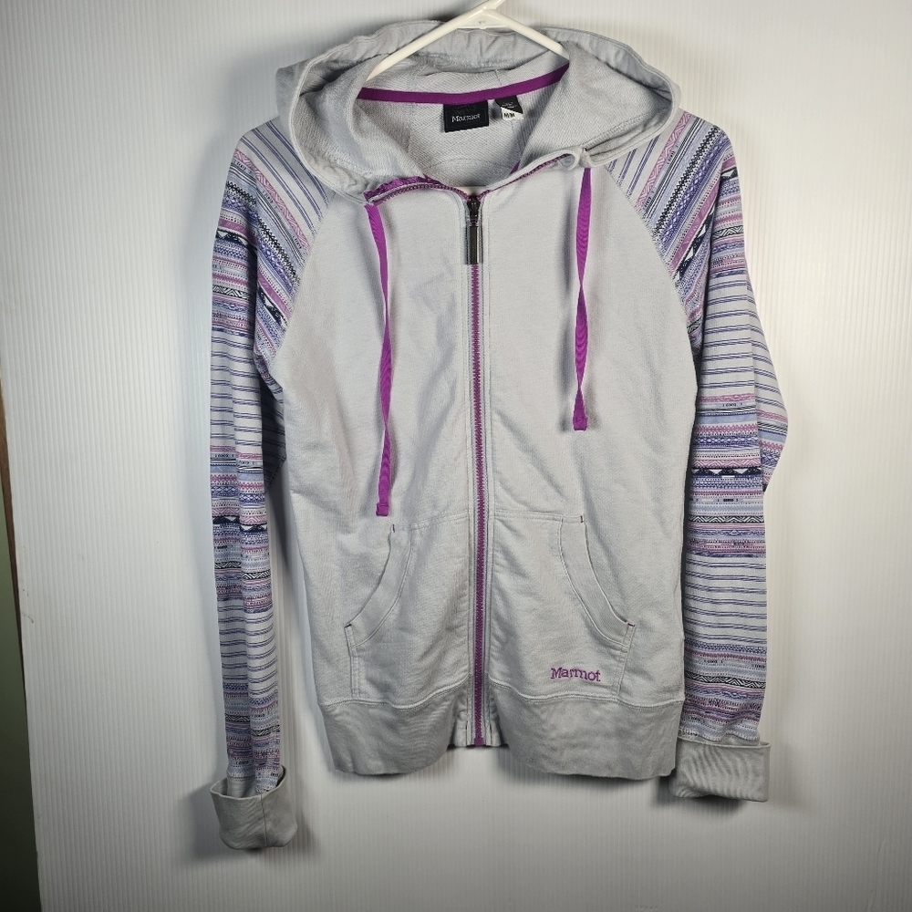 Marmot Women's Callie Full-Zip Hoodie  Light Gray Body Multi-Colored Sleeves M